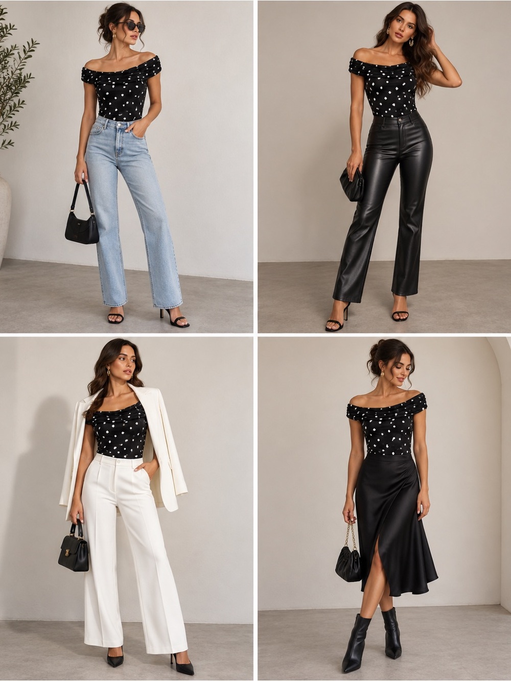Commense Black Off-Shoulder Polka Dot Bodysuit with White Dots